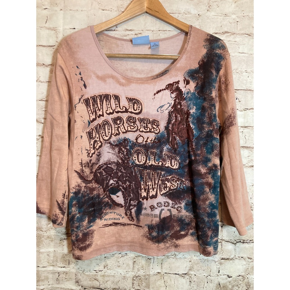 Jane Ashley Top Womens Large Pink‎ Wild Horses Western Equestrian Print Beaded